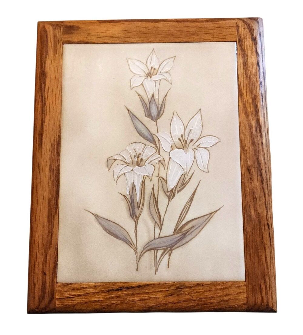 Vintage Woodline Productions Wood Framed Decorative Tile White Lilies on Beige